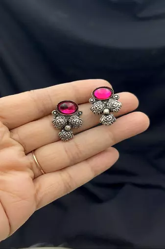 Oxidized silver mangalsutra necklace set | black beads mangalsutra with pink green stone pendant