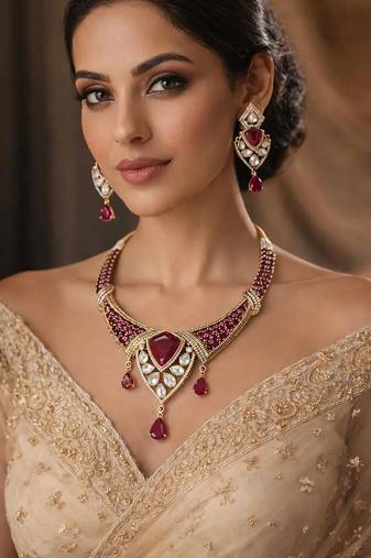 Victorian polki kundan necklace set ruby red | indian bridal gold choker jewelry