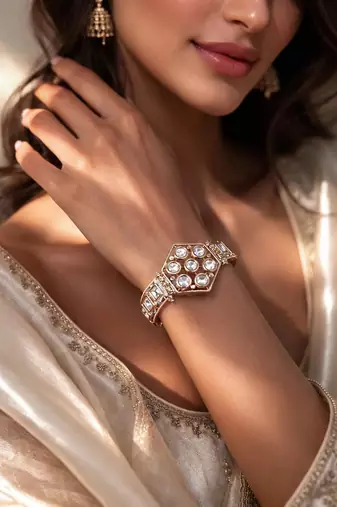 Gold plated kundan openable kada bracelet | indian bridal cuff bangle