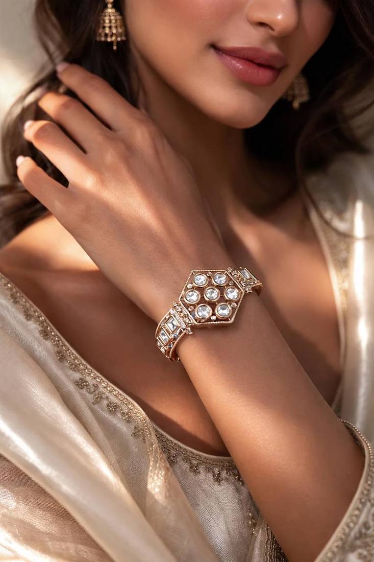 Gold plated kundan openable kada bracelet | indian bridal cuff bangle