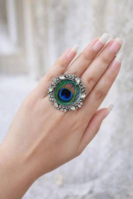 Oxidized peacock feather statement ring | adjustable indian boho cocktail ring 1