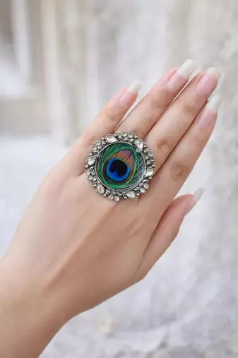 Oxidized peacock feather statement ring | adjustable indian boho cocktail ring