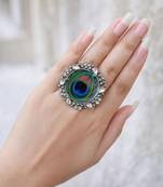 Oxidized peacock feather statement ring | adjustable indian boho cocktail ring