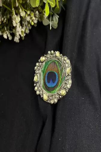 Oxidized peacock feather statement ring | adjustable indian boho cocktail ring