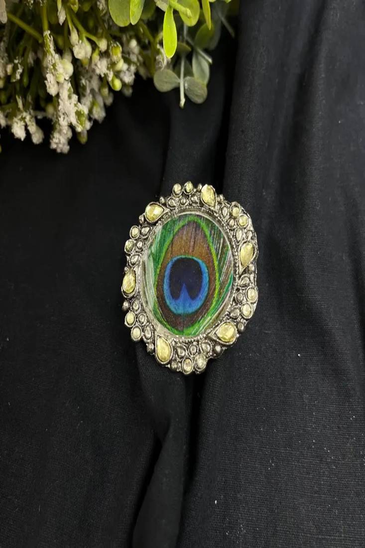 Oxidized peacock feather statement ring | adjustable indian boho cocktail ring