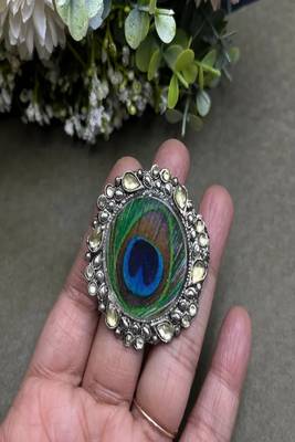 Oxidized peacock feather statement ring | adjustable indian boho cocktail ring 3