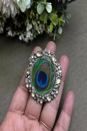 Oxidized peacock feather statement ring | adjustable indian boho cocktail ring