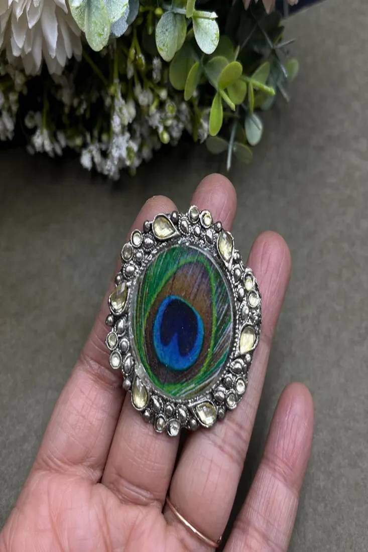 Oxidized peacock feather statement ring | adjustable indian boho cocktail ring