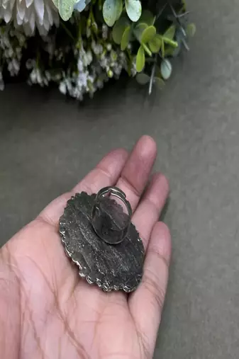 Oxidized peacock feather statement ring | adjustable indian boho cocktail ring