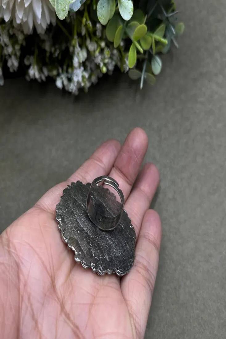Oxidized peacock feather statement ring | adjustable indian boho cocktail ring