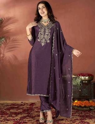 Dark-wine embroidered vichitra silk zari work ethnic-kurtis 1