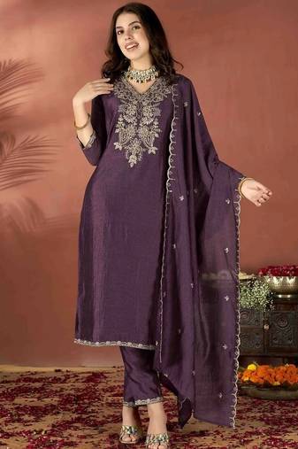 Dark-wine embroidered vichitra silk zari work ethnic-kurtis