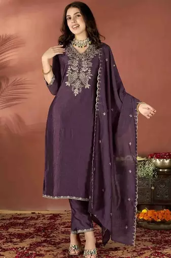 Dark-wine embroidered vichitra silk zari work ethnic-kurtis