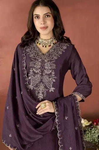 Dark-wine embroidered vichitra silk zari work ethnic-kurtis