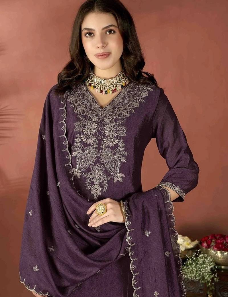 Dark-wine embroidered vichitra silk zari work ethnic-kurtis
