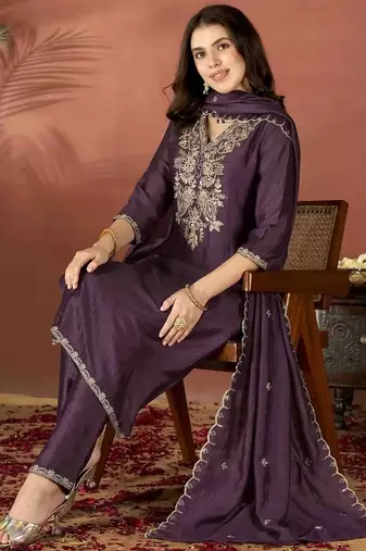 Dark-wine embroidered vichitra silk zari work ethnic-kurtis