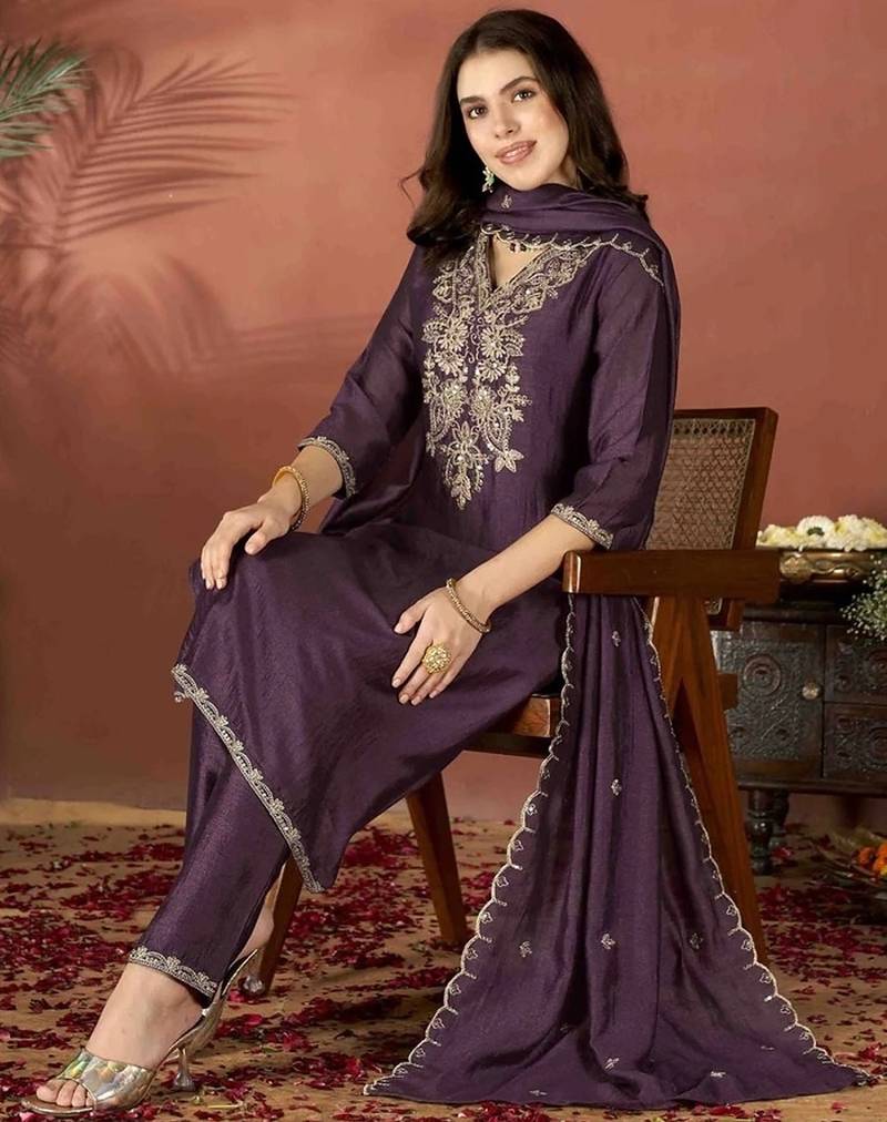Dark-wine embroidered vichitra silk zari work ethnic-kurtis