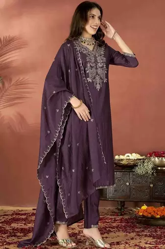 Dark-wine embroidered vichitra silk zari work ethnic-kurtis