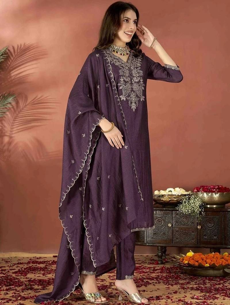 Dark-wine embroidered vichitra silk zari work ethnic-kurtis