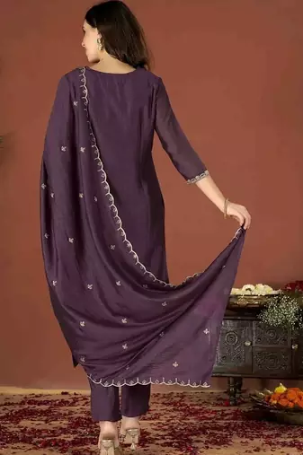 Dark-wine embroidered vichitra silk zari work ethnic-kurtis