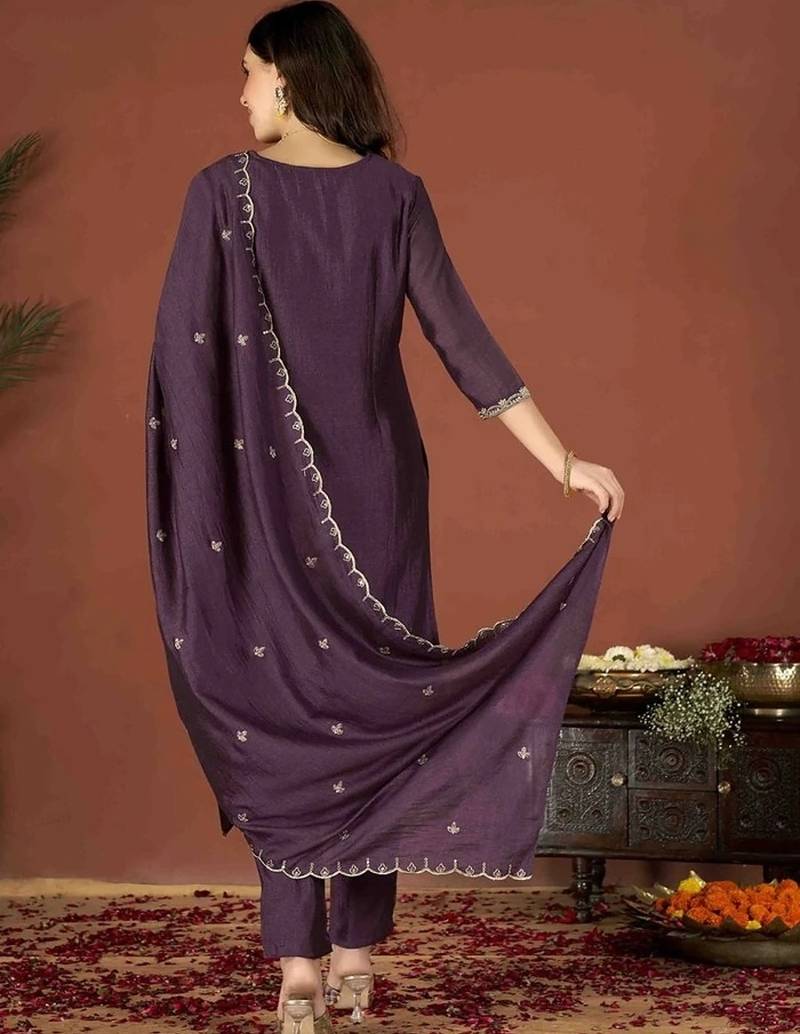 Dark-wine embroidered vichitra silk zari work ethnic-kurtis