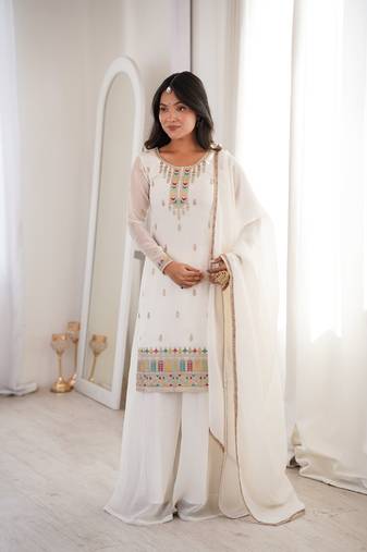 White Color crunchy Silk Multi thread Work Party Wear Salwar Suit 