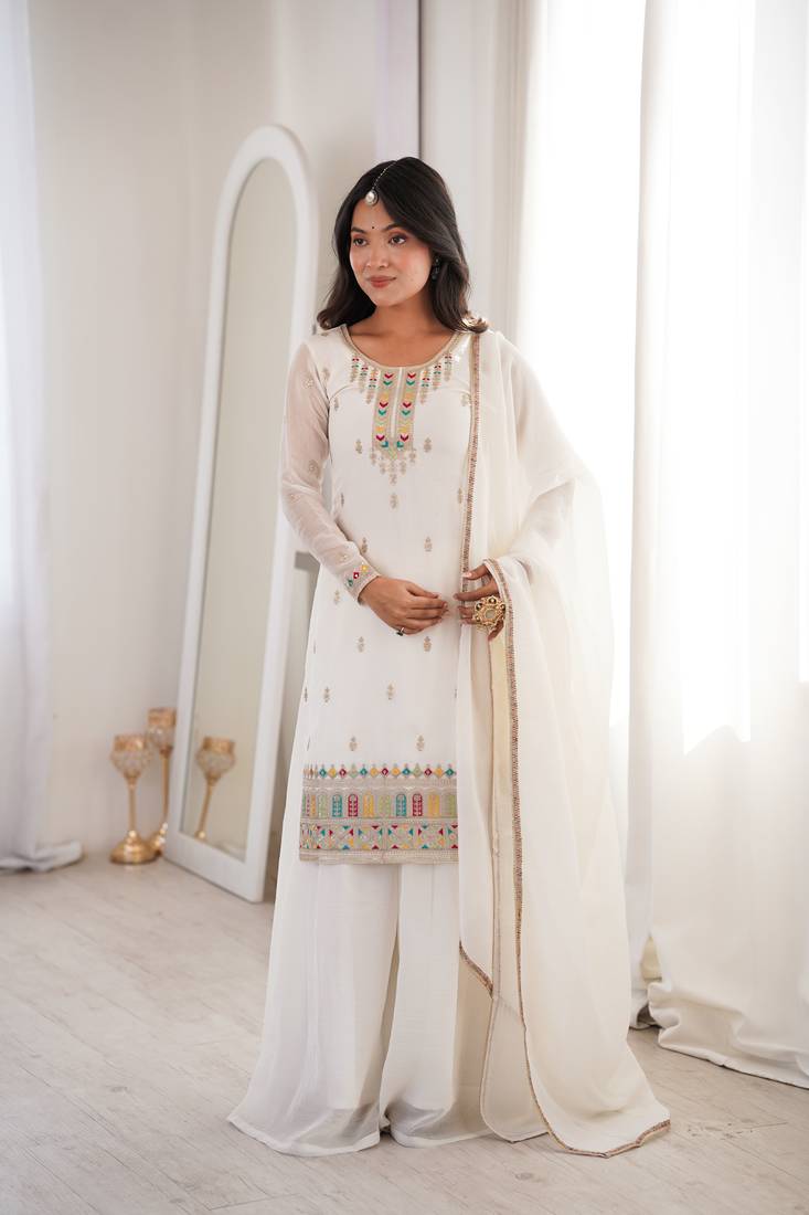 White Color crunchy Silk Multi thread Work Party Wear Salwar Suit 