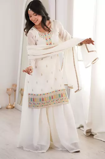 White Color crunchy Silk Multi thread Work Party Wear Salwar Suit