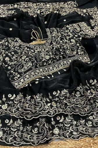 Black Color Gold Beeds Work With Cut work Border Silk Saree