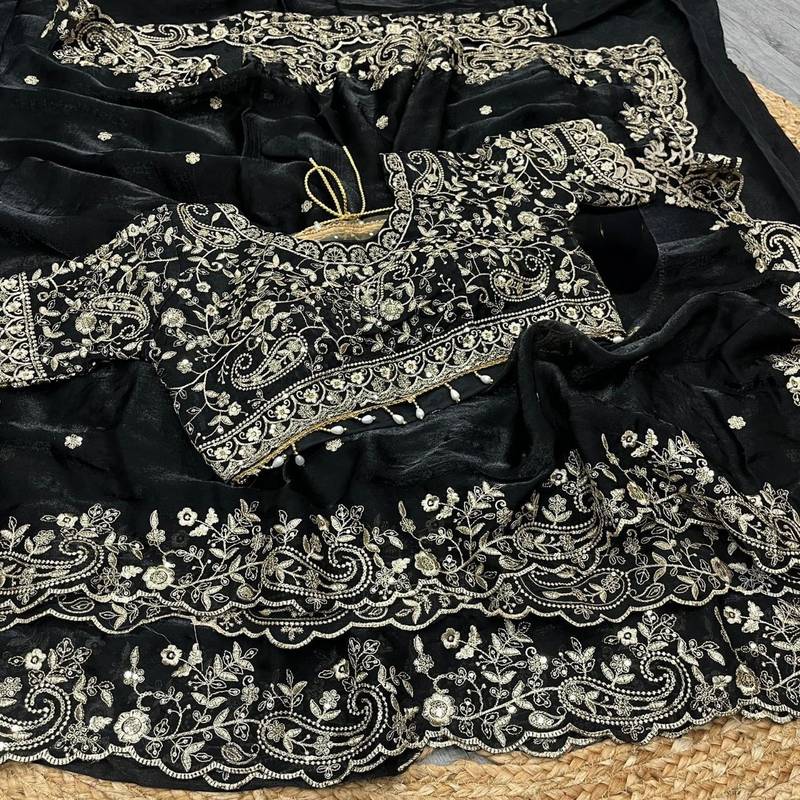 Black Color Gold Beeds Work With Cut work Border Silk Saree