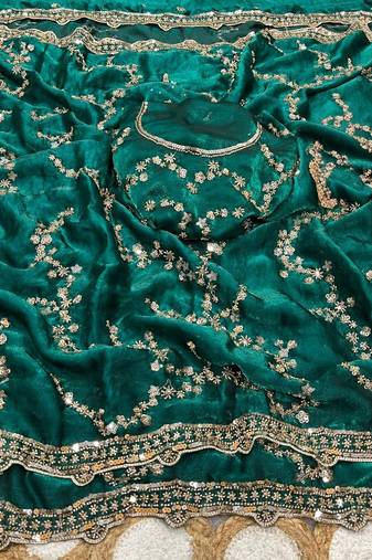 Emerald Color Gold Beeds Work With Cut work Border Silk Saree