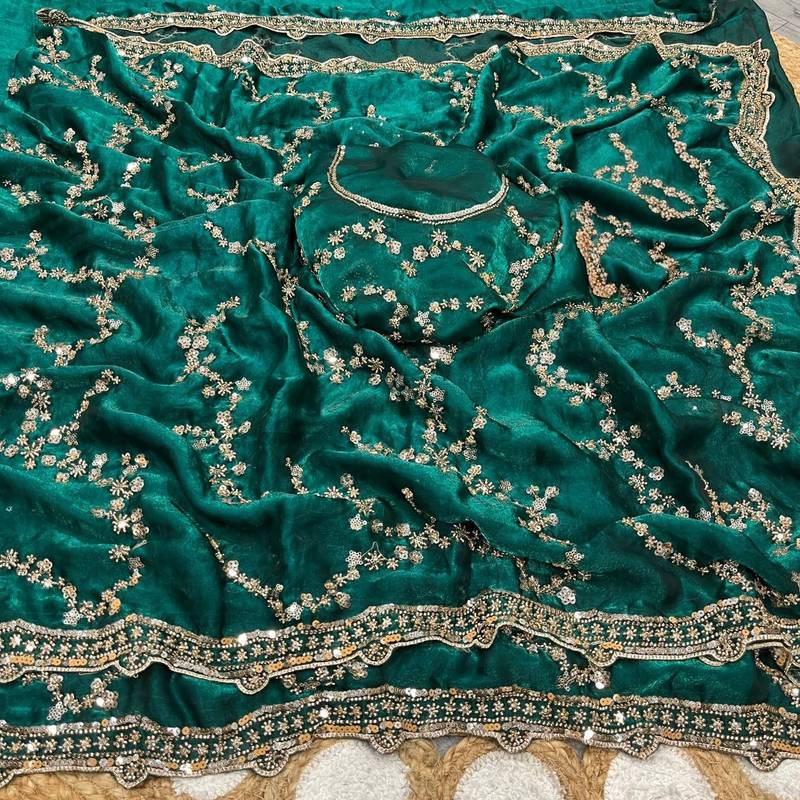Emerald Color Gold Beeds Work With Cut work Border Silk Saree