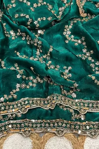 Emerald Color Gold Beeds Work With Cut work Border art silk saree