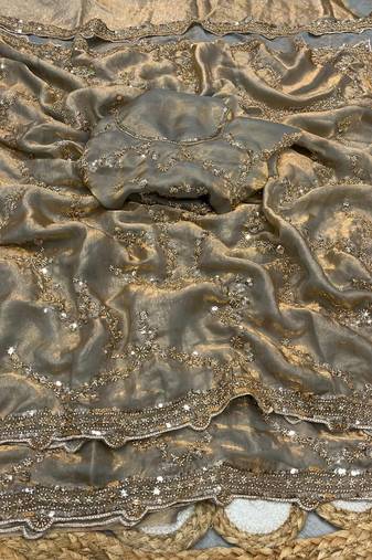 Gray Color Gold Beeds Work With Cut work Border Silk Saree