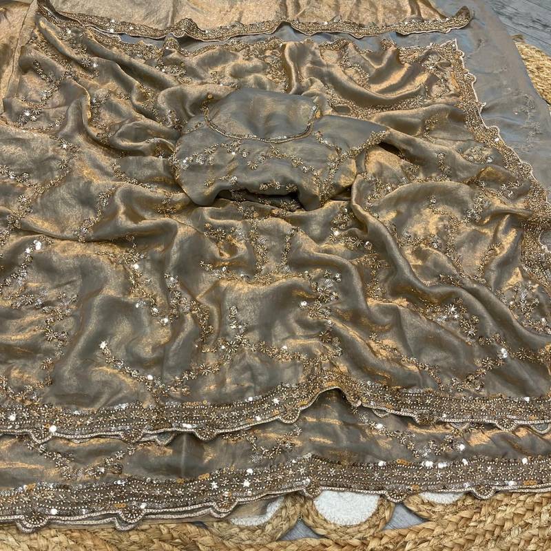 Gray Color Gold Beeds Work With Cut work Border Silk Saree