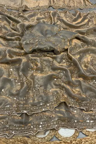 Gray Color Gold Beeds Work With Cut work Border Silk Saree