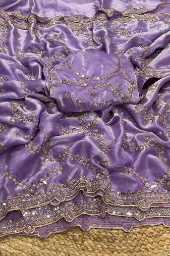 Lavender Color Gold Beeds Work With Cut work Border Silk Saree
