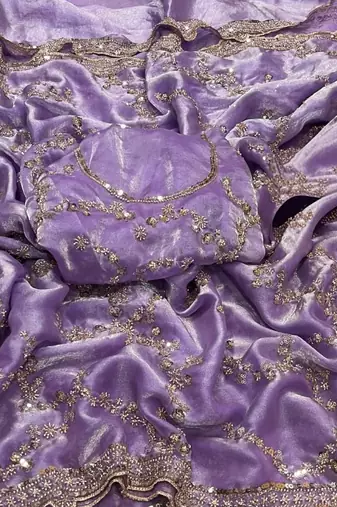 Lavender Color Gold Beeds Work With Cut work Border Silk Saree