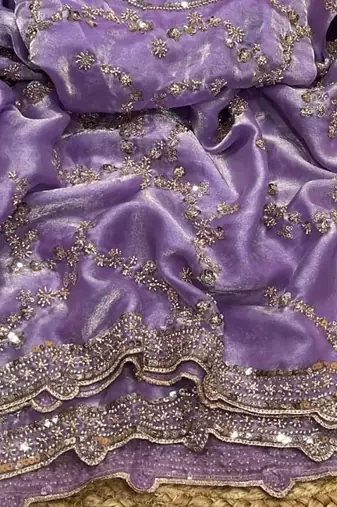 Lavender Color Gold Beeds Work With Cut work Border Silk Saree