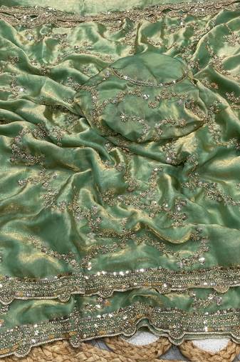 Light Sea-Green Color Gold Beeds Work With Cut work Border Silk Saree