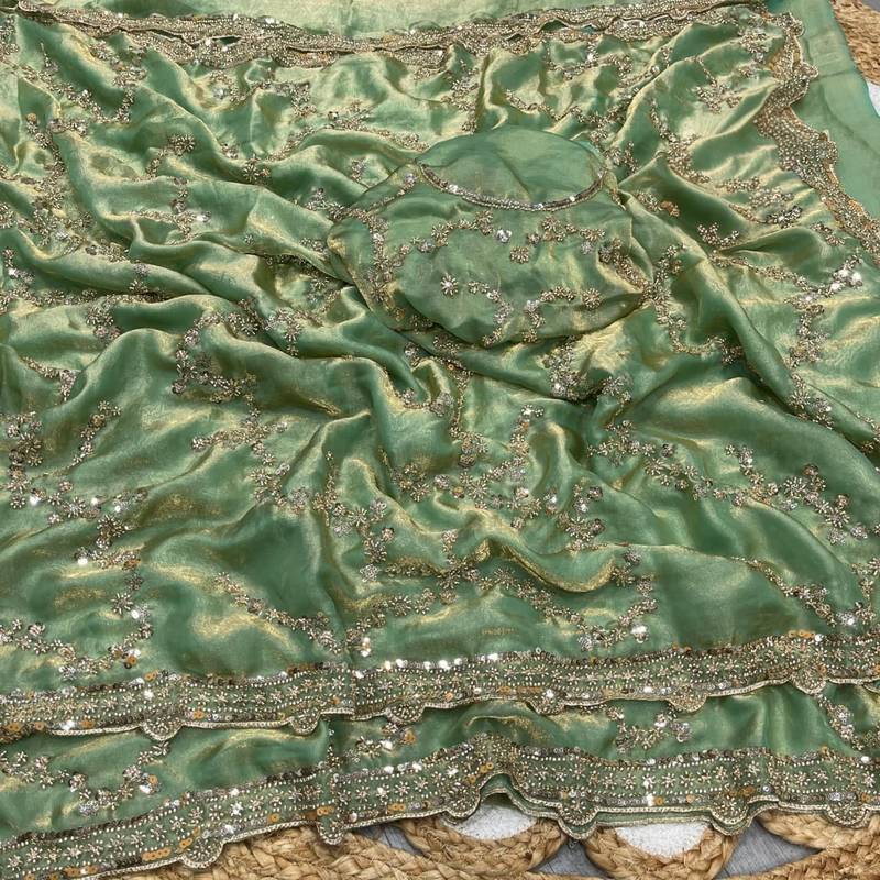 Light Sea-Green Color Gold Beeds Work With Cut work Border Silk Saree