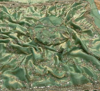 Light Sea-Green Color Gold Beeds Work With Cut work Border art silk saree 2