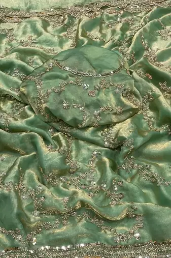 Light Sea-Green Color Gold Beeds Work With Cut work Border art silk saree