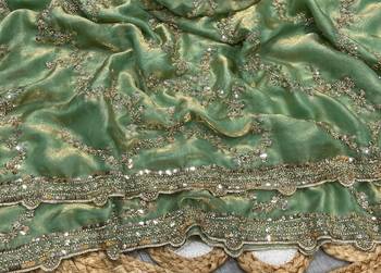Light Sea-Green Color Gold Beeds Work With Cut work Border art silk saree 3