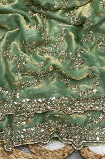 Light Sea-Green Color Gold Beeds Work With Cut work Border art silk saree
