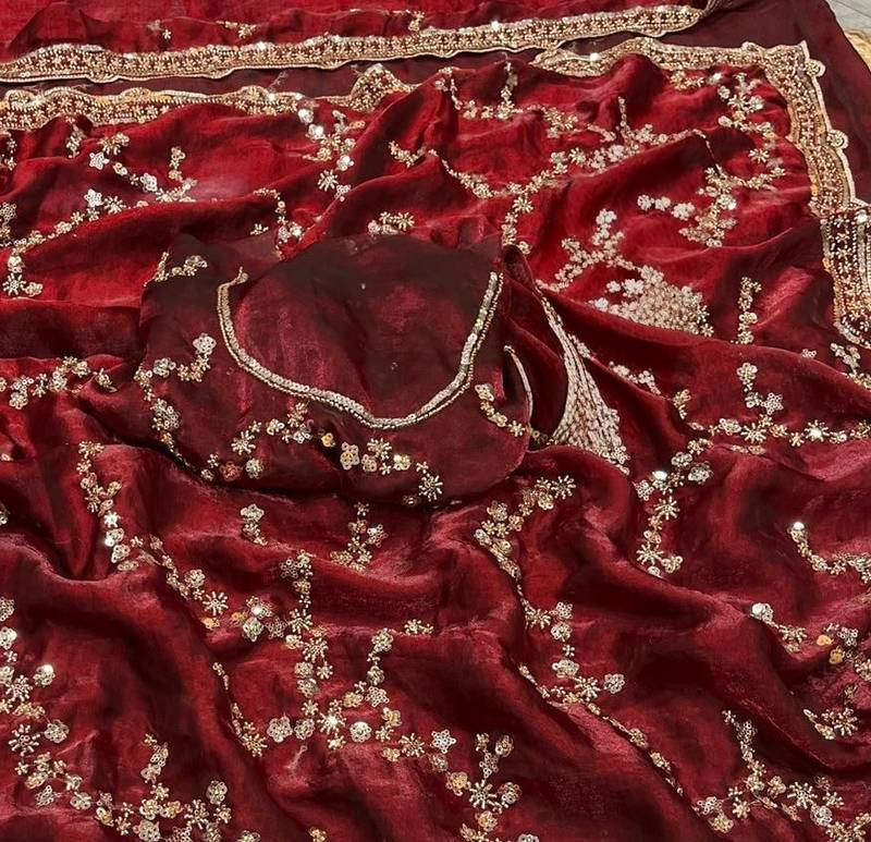 Maroon Color Gold Beeds Work With Cut work Border Silk Saree