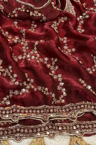 Maroon Color Gold Beeds Work With Cut work Border art silk saree