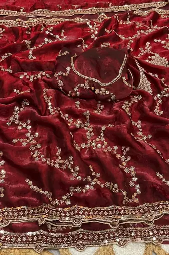 Maroon Color Gold Beeds Work With Cut work Border art silk saree