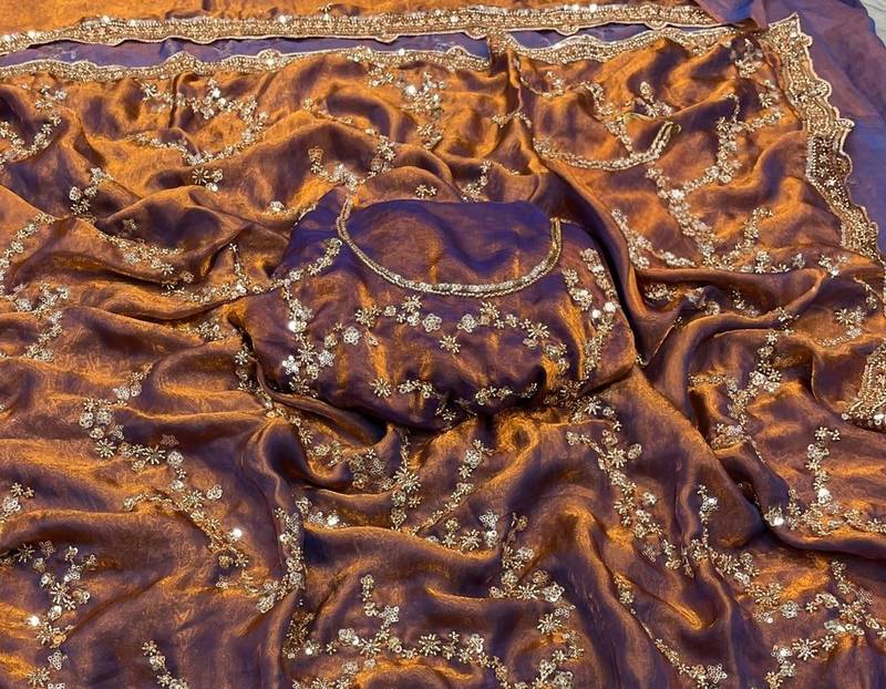 mustard Color Gold Beeds Work With Cut work Border Silk Saree