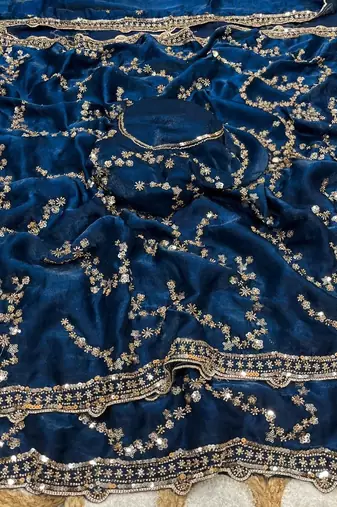 Nevy Blue Color Gold Beeds Work With Cut work Border art silk saree